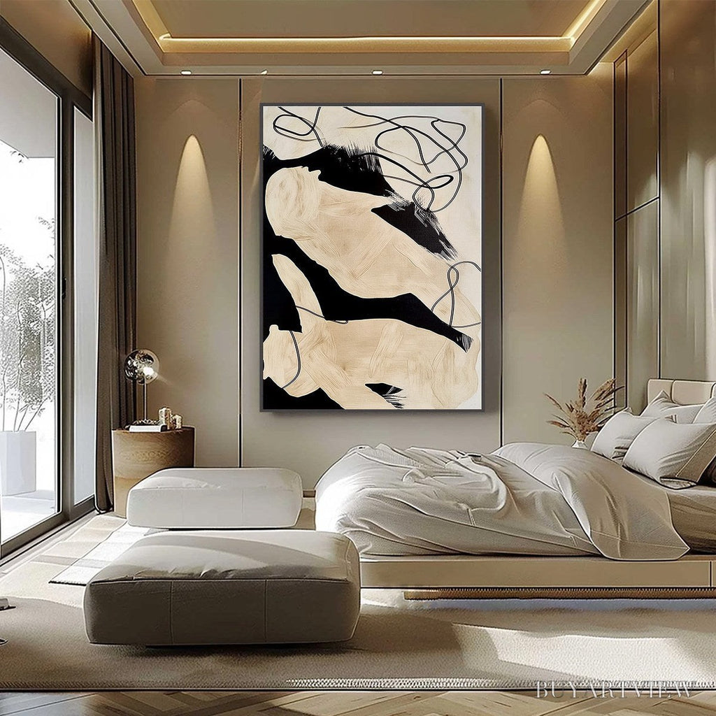 ARTOVITAS Intertwined – Large Vertical Minimalist Black and Beige Abstract Painting - image 6