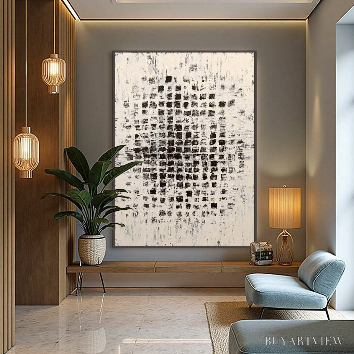 ARTOVITAS Matrix – Large Black and White Textured Abstract Grid Painting - image 4