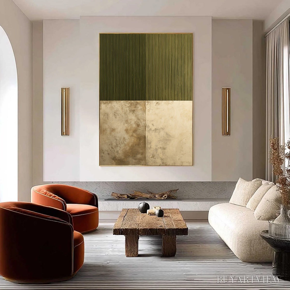 ARTOVITAS Earthen Rhythm – Textured Minimalist Abstract Painting in Green and Beige - image 2