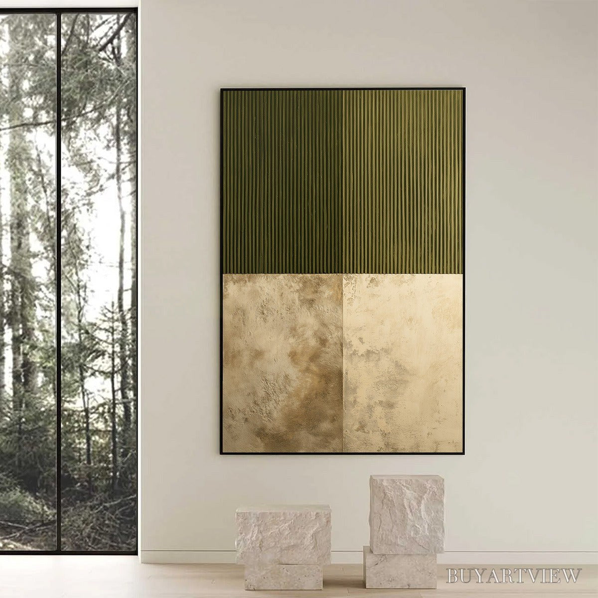 ARTOVITAS Earthen Rhythm – Textured Minimalist Abstract Painting in Green and Beige - image 6