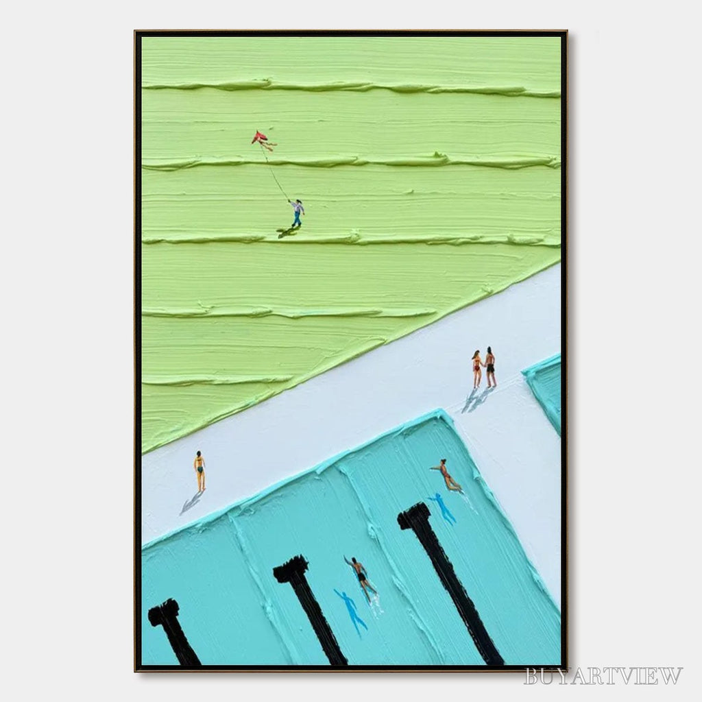 ARTOVITAS Aqua Promenade – Minimalist Poolside Cityscape Oil Painting - image 1