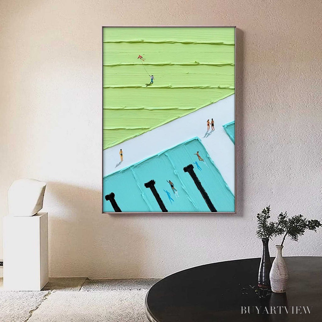 ARTOVITAS Aqua Promenade – Minimalist Poolside Cityscape Oil Painting - image 2