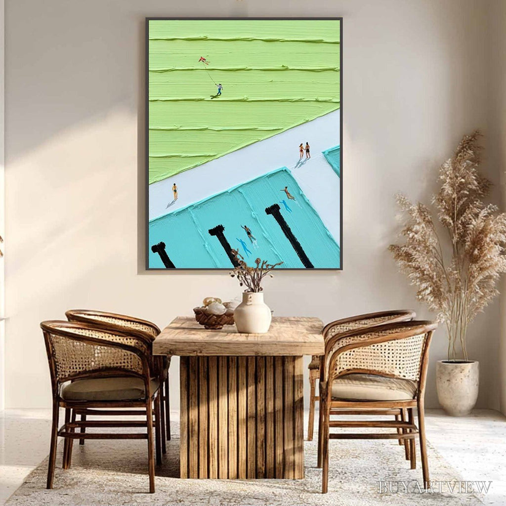 ARTOVITAS Aqua Promenade – Minimalist Poolside Cityscape Oil Painting - image 3
