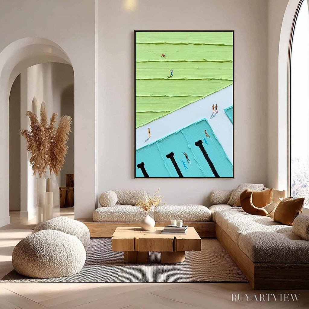 ARTOVITAS Aqua Promenade – Minimalist Poolside Cityscape Oil Painting - image 5