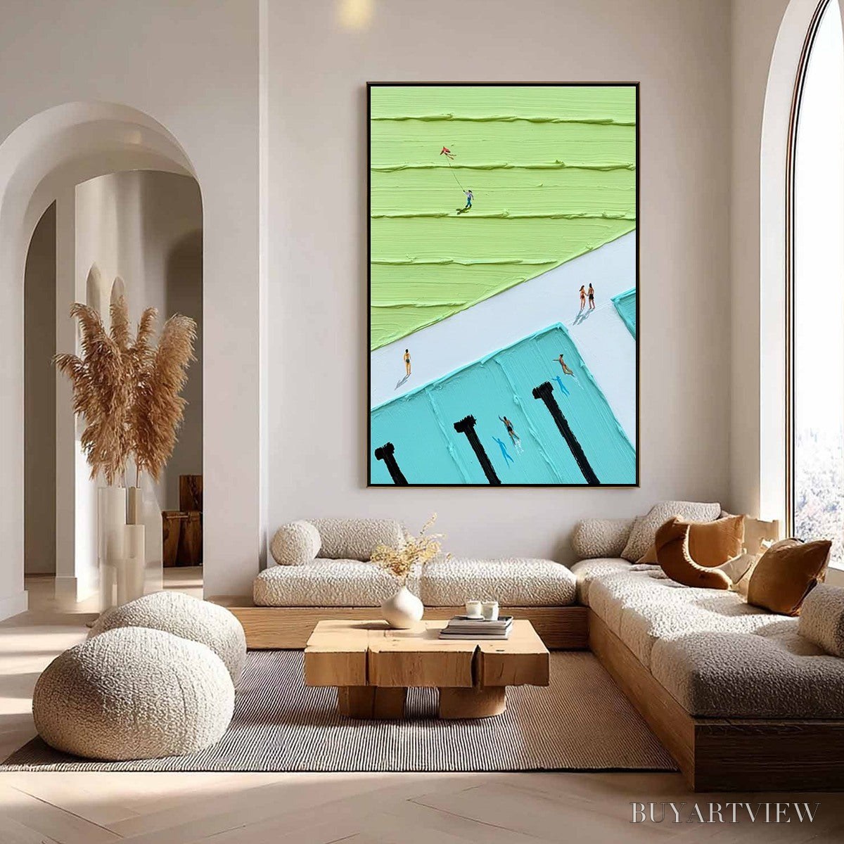 ARTOVITAS Aqua Promenade – Minimalist Poolside Cityscape Oil Painting - image 5
