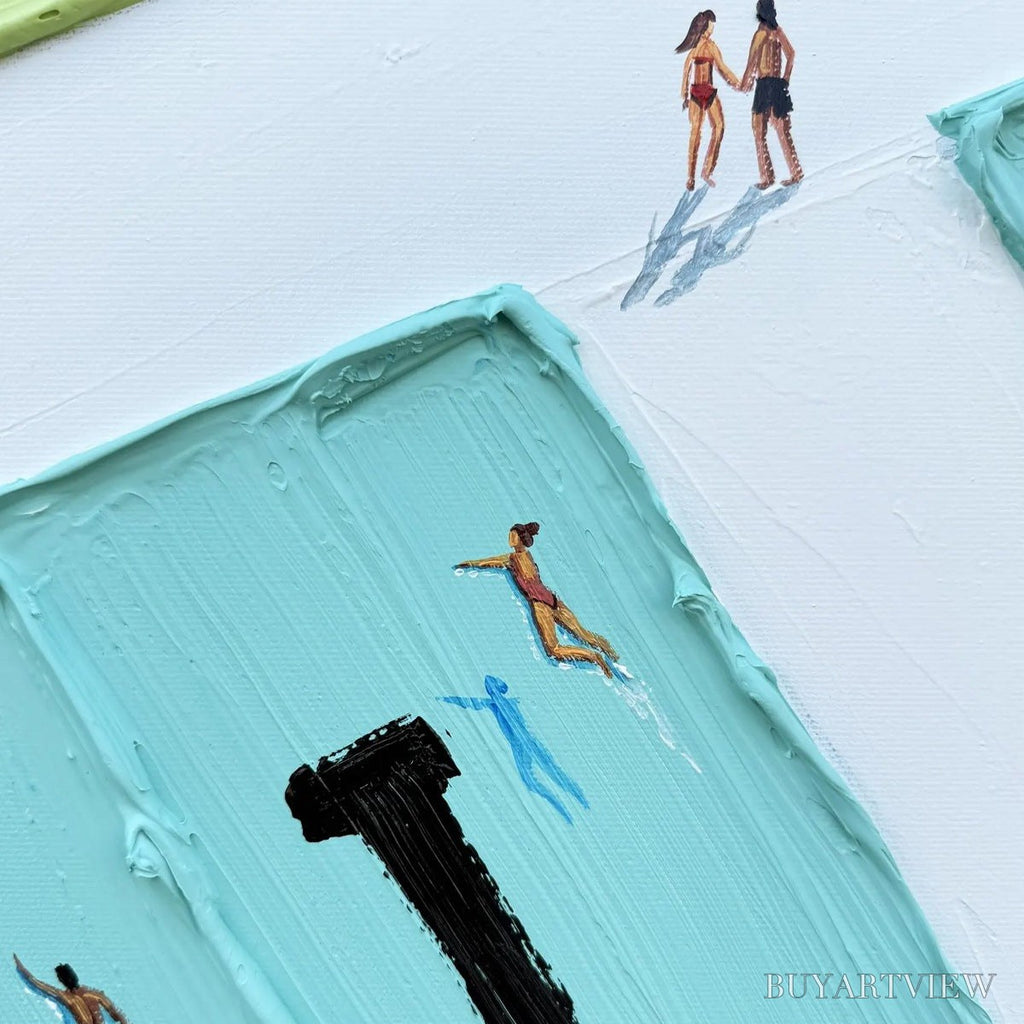 ARTOVITAS Aqua Promenade – Minimalist Poolside Cityscape Oil Painting - image 6