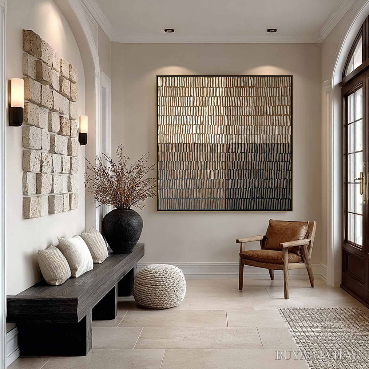 ARTOVITAS Earthen Rhythm – Minimalist Textured Beige Grid Painting - image 3