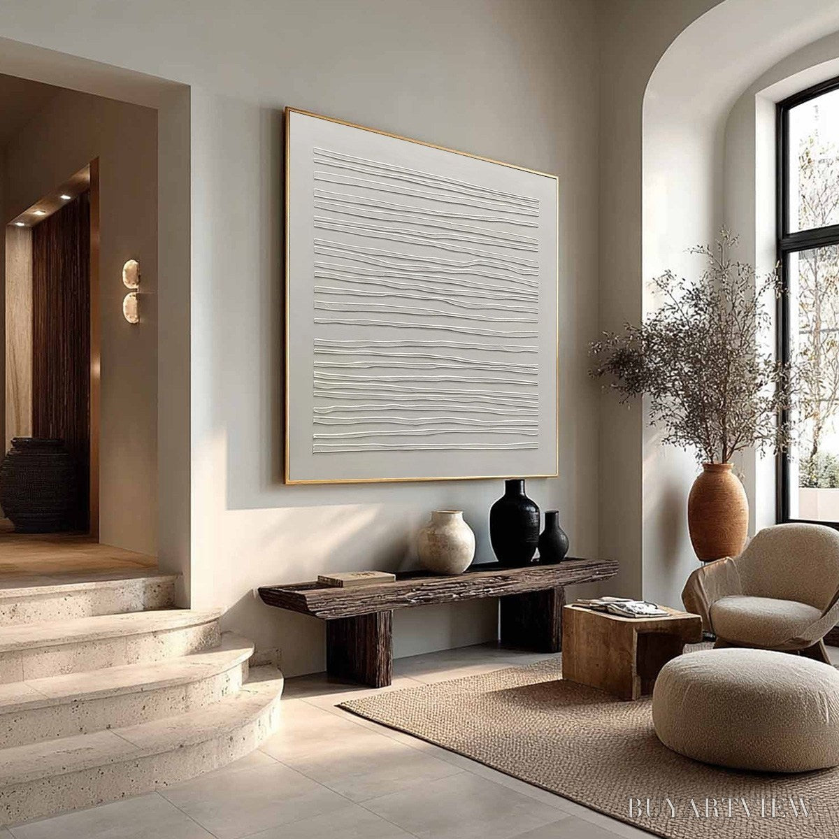 ARTOVITAS Serene Lines – Minimalist Textured White Abstract Oil Painting - image 4