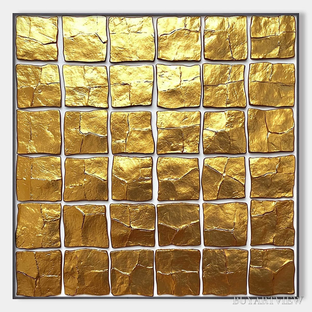 ARTOVITAS Golden Grid – Textured Minimalist Abstract Oil Painting in Gold - image 1