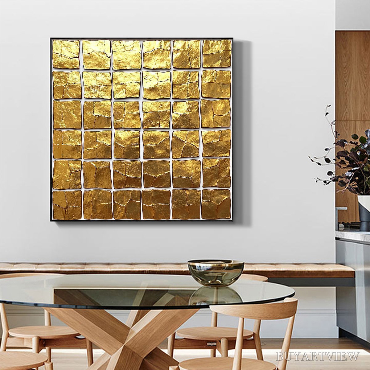 ARTOVITAS Golden Grid – Textured Minimalist Abstract Oil Painting in Gold - image 2
