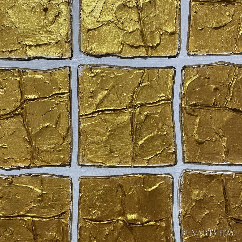 ARTOVITAS Golden Grid – Textured Minimalist Abstract Oil Painting in Gold - image 3