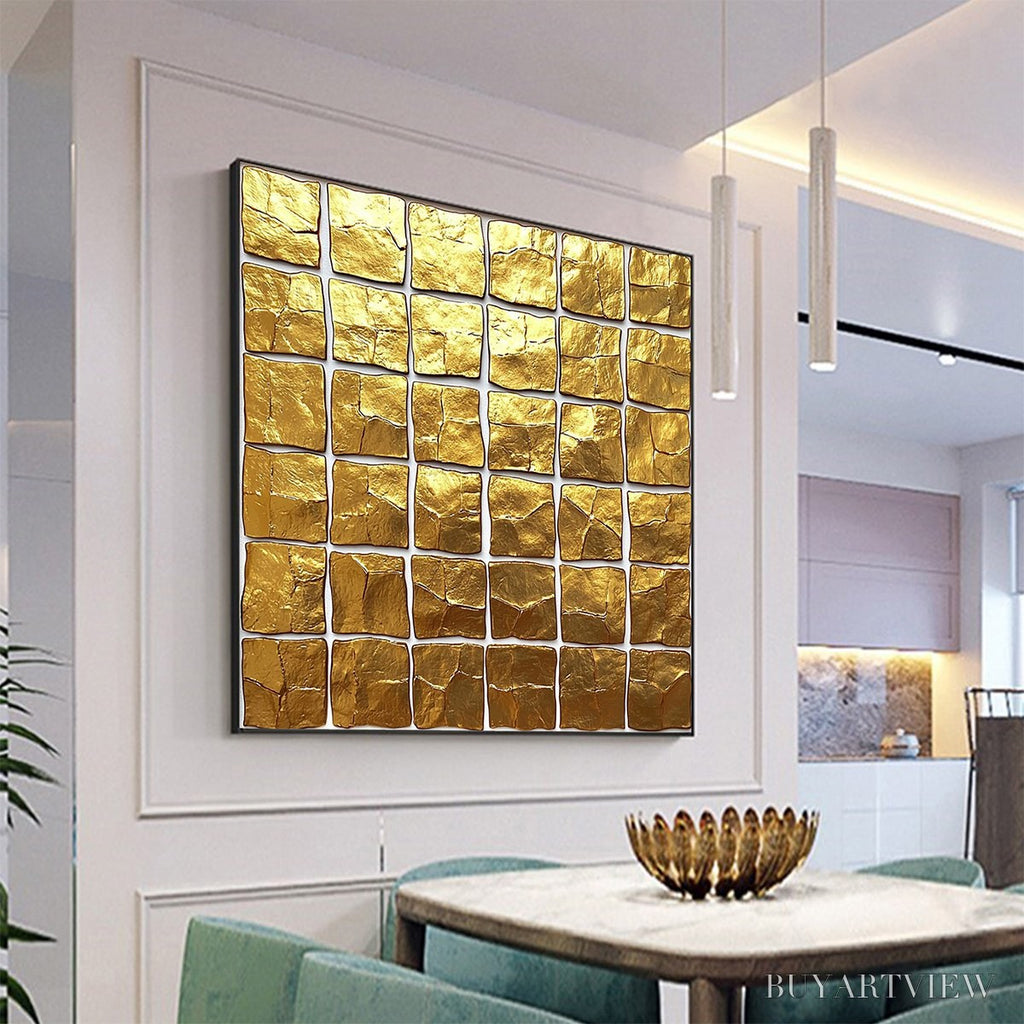 ARTOVITAS Golden Grid – Textured Minimalist Abstract Oil Painting in Gold - image 4