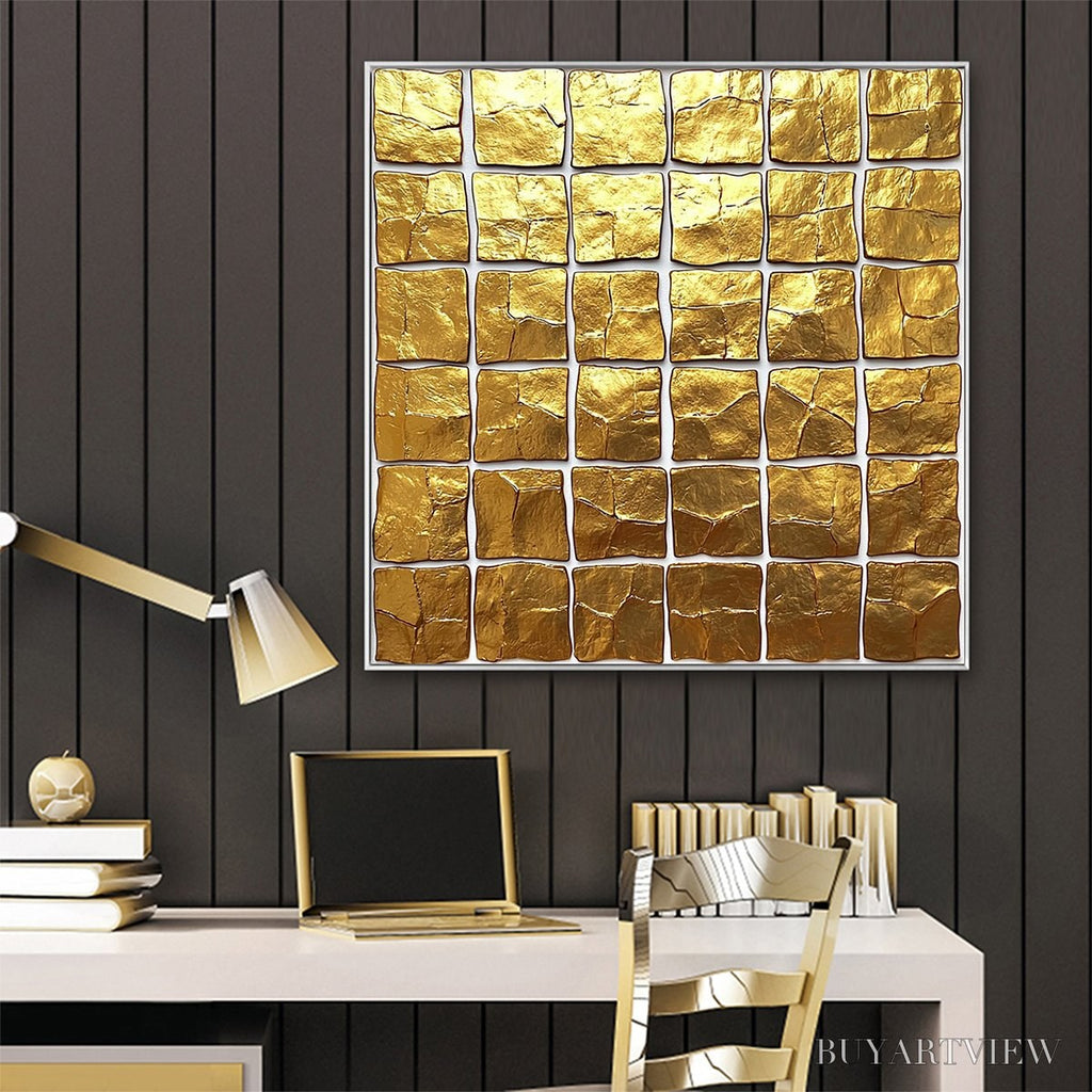 ARTOVITAS Golden Grid – Textured Minimalist Abstract Oil Painting in Gold - image 6