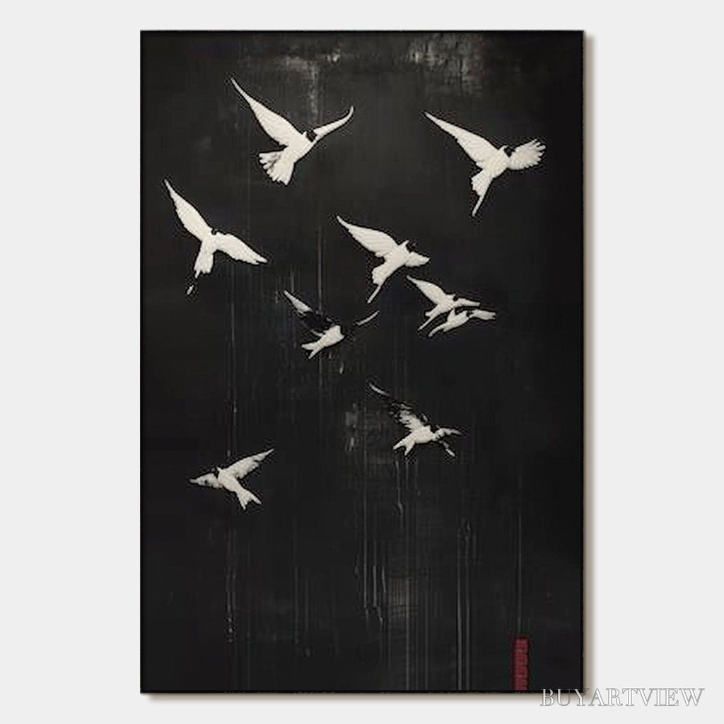 ARTOVITAS Flight of Dreams – Minimalist Birds on Black Oil Painting - image 1