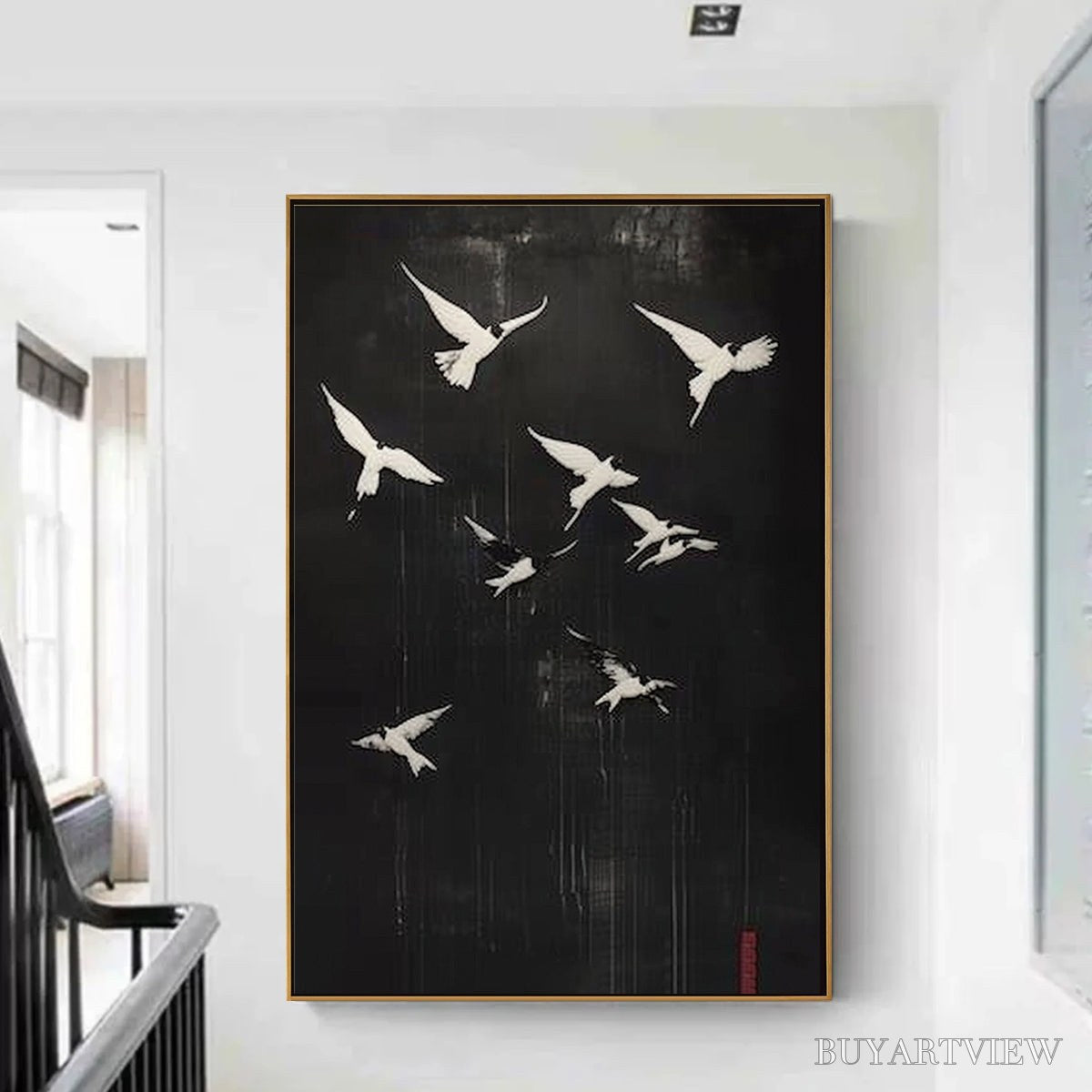 ARTOVITAS Flight of Dreams – Minimalist Birds on Black Oil Painting - image 2