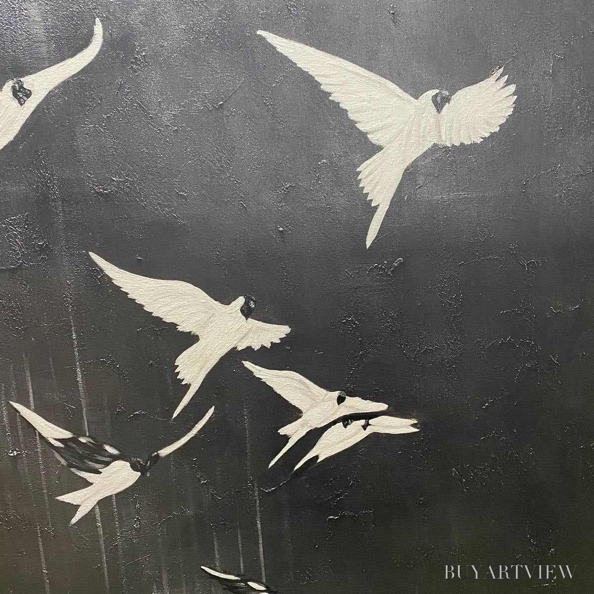 ARTOVITAS Flight of Dreams – Minimalist Birds on Black Oil Painting - image 3