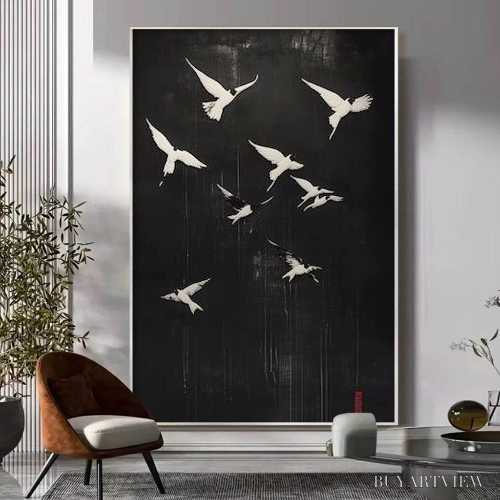 ARTOVITAS Flight of Dreams – Minimalist Birds on Black Oil Painting - image 4