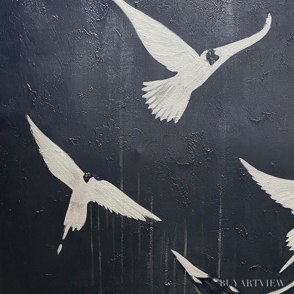ARTOVITAS Flight of Dreams – Minimalist Birds on Black Oil Painting - image 5