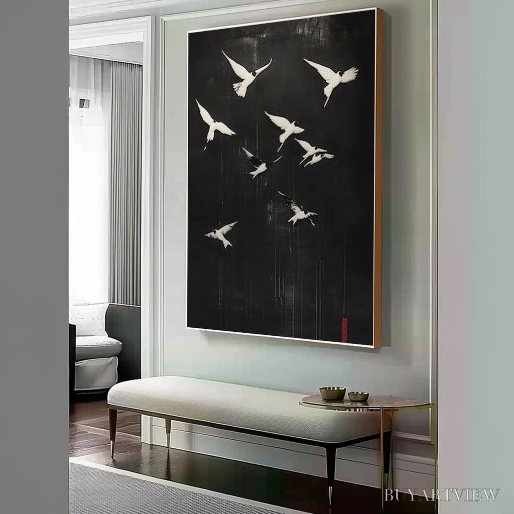 ARTOVITAS Flight of Dreams – Minimalist Birds on Black Oil Painting - image 6