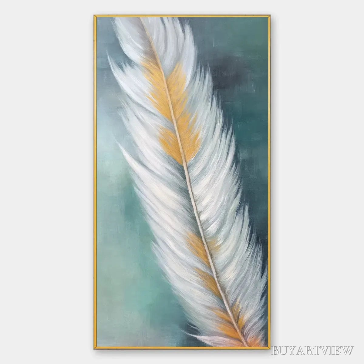 ARTOVITAS Golden Quill – White and Gold Feather Painting, Green Background , Vertical Canvas, Minimalist Decor - image 1