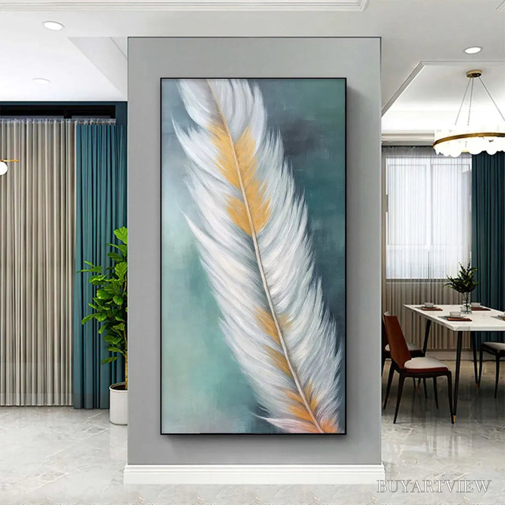 ARTOVITAS Golden Quill – White and Gold Feather Painting, Green Background , Vertical Canvas, Minimalist Decor - image 2
