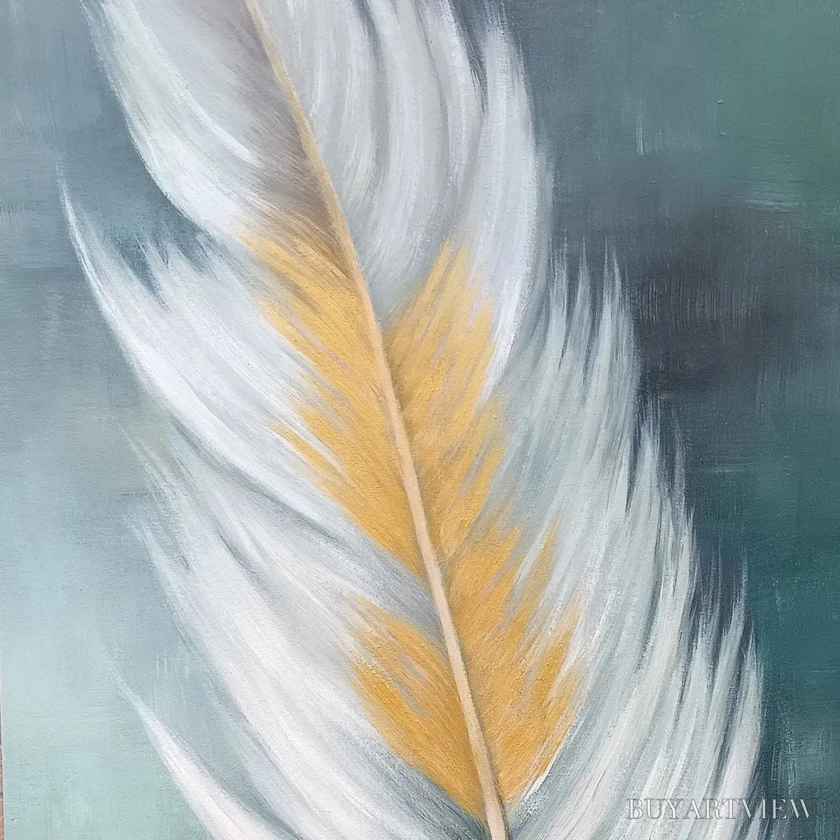 ARTOVITAS Golden Quill – White and Gold Feather Painting, Green Background , Vertical Canvas, Minimalist Decor - image 3