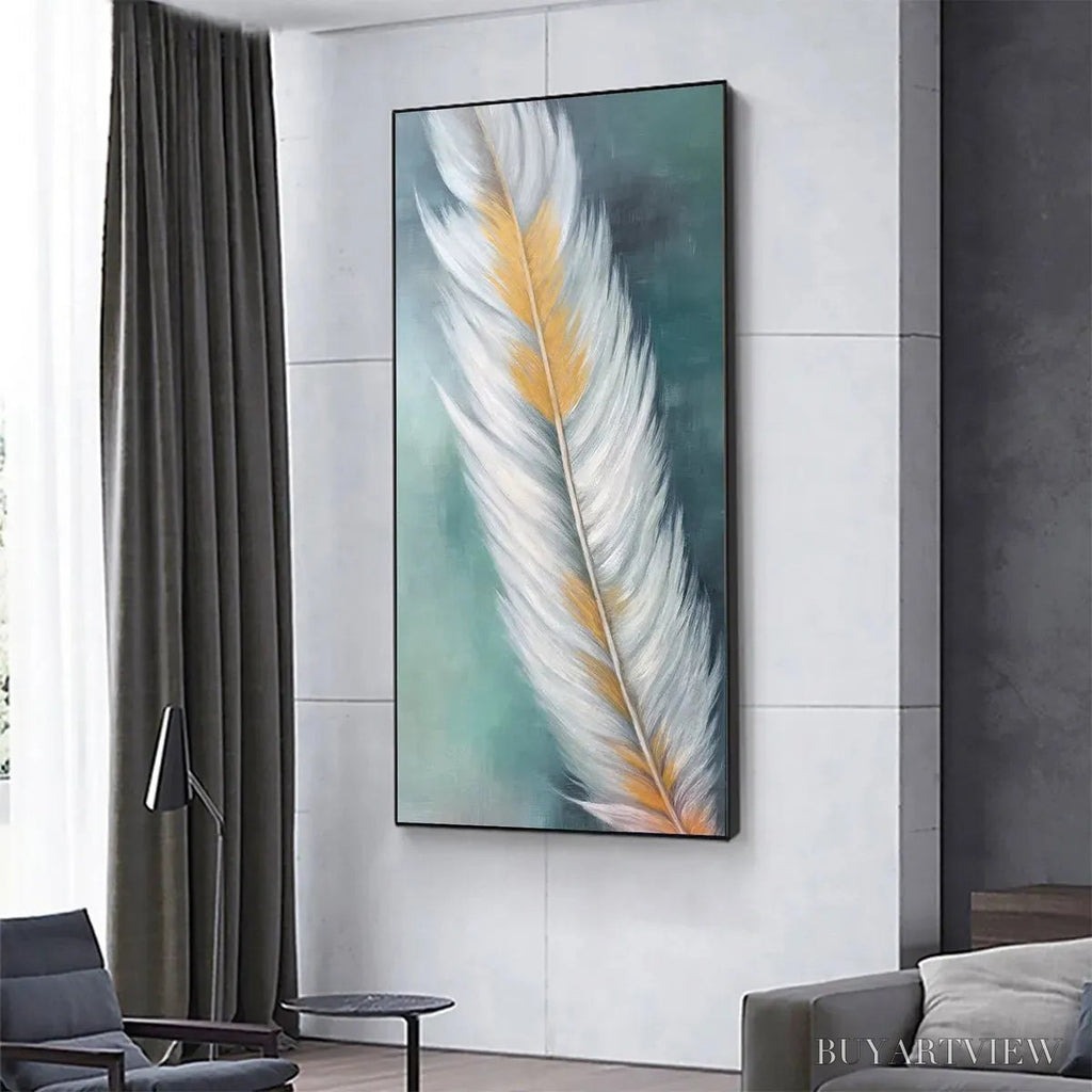 ARTOVITAS Golden Quill – White and Gold Feather Painting, Green Background , Vertical Canvas, Minimalist Decor - image 4