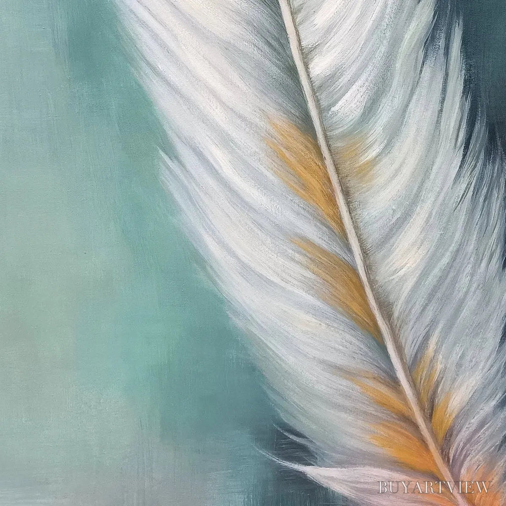 ARTOVITAS Golden Quill – White and Gold Feather Painting, Green Background , Vertical Canvas, Minimalist Decor - image 5