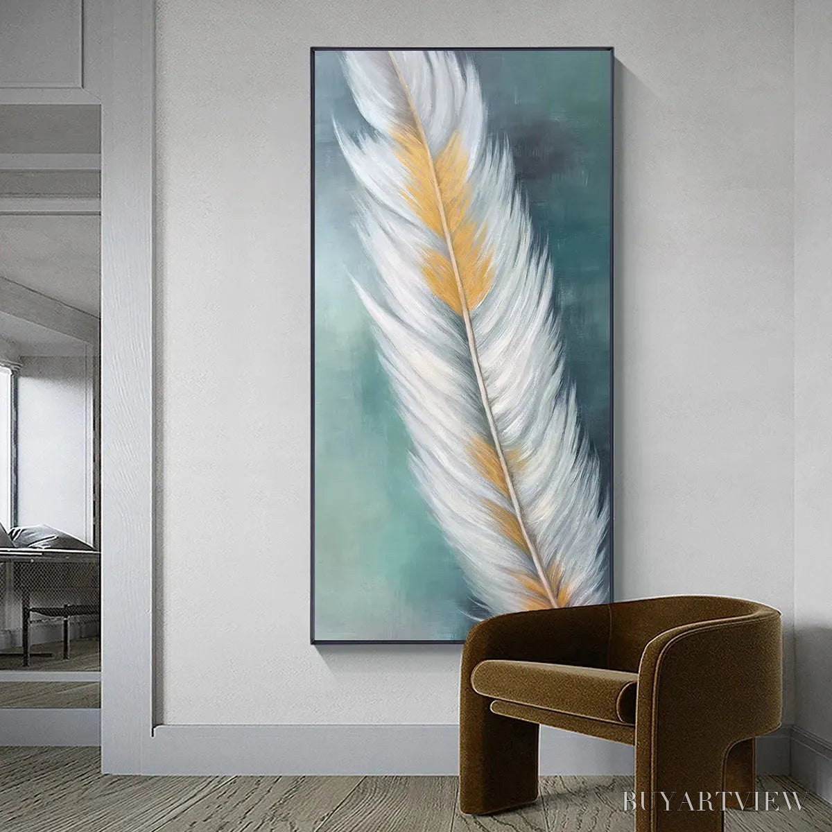 ARTOVITAS Golden Quill – White and Gold Feather Painting, Green Background , Vertical Canvas, Minimalist Decor - image 6