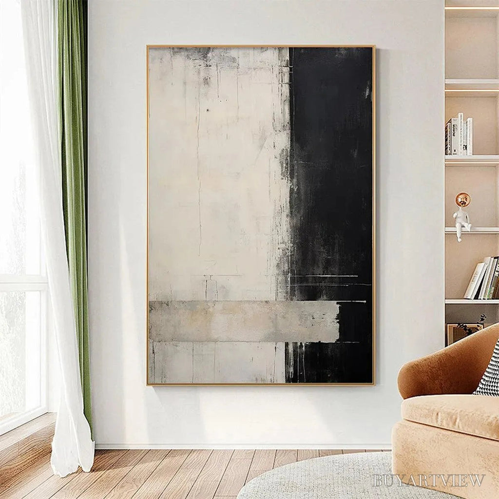 ARTOVITAS Monochrome Minimalism – Abstract Painting, Black and White , Textured Canvas, Vertical - image 2