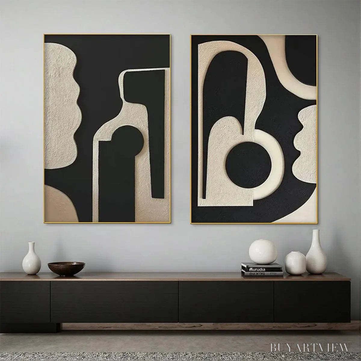 ARTOVITAS Ink Blot Duo – Abstract Painting, Set of 2, Minimalist Decor, Black and White - image 6