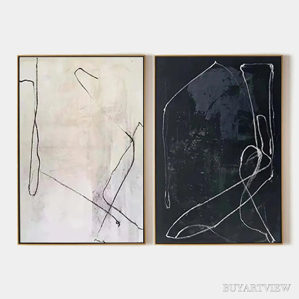 ARTOVITAS Minimalist Abstract Duo – Set of 2 Abstract Paintings in Black and White - image 1