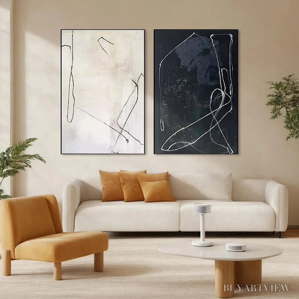 ARTOVITAS Minimalist Abstract Duo – Set of 2 Abstract Paintings in Black and White - image 2