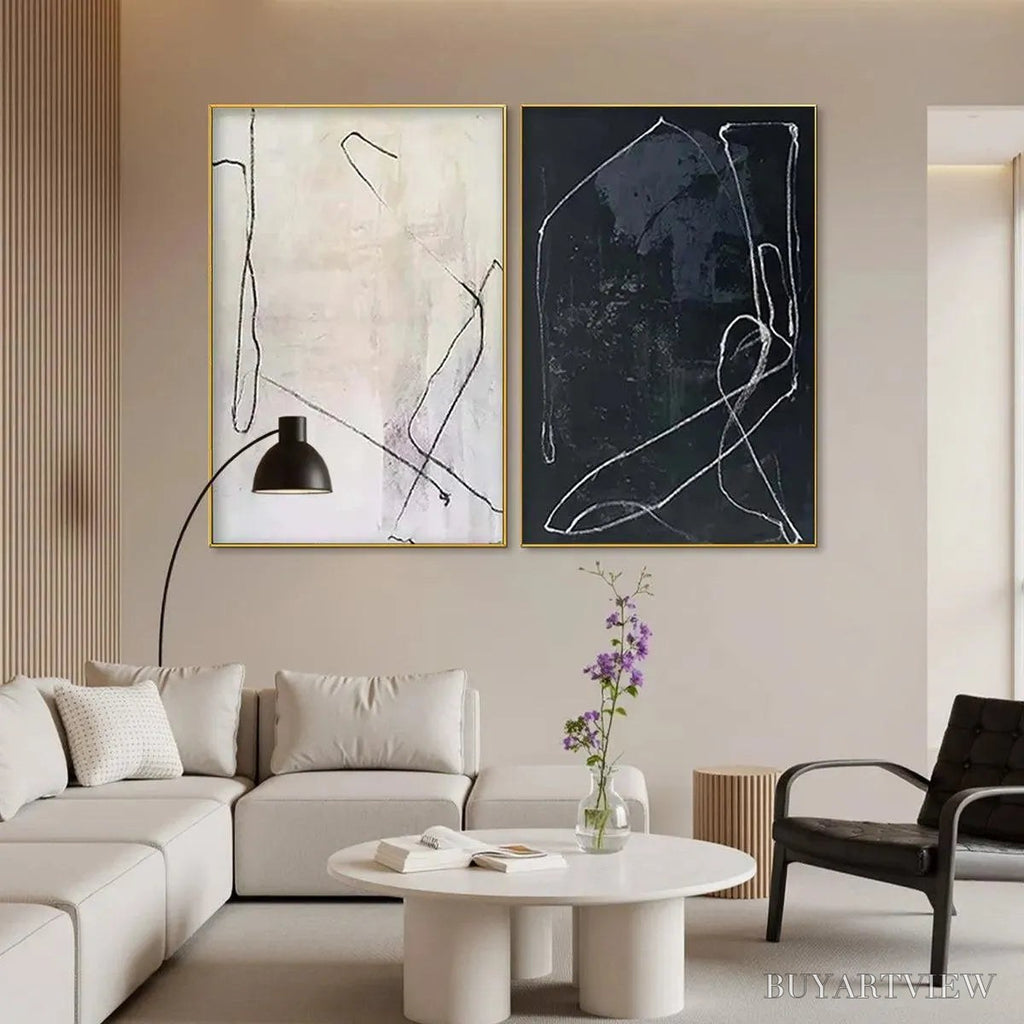 ARTOVITAS Minimalist Abstract Duo – Set of 2 Abstract Paintings in Black and White - image 5