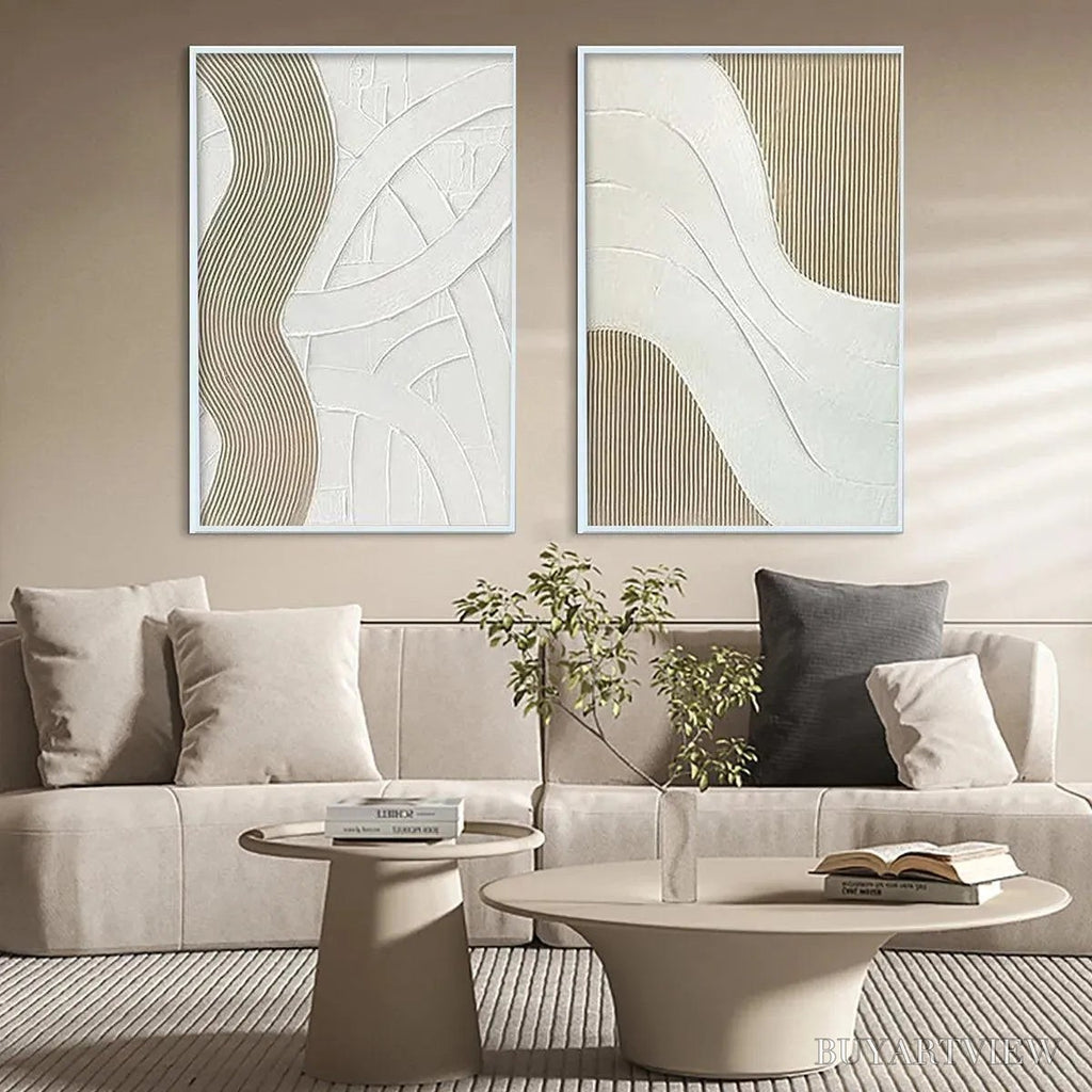 ARTOVITAS Textured White Lines Diptych – Minimalist Textured Painting Set of 2, Square - image 2