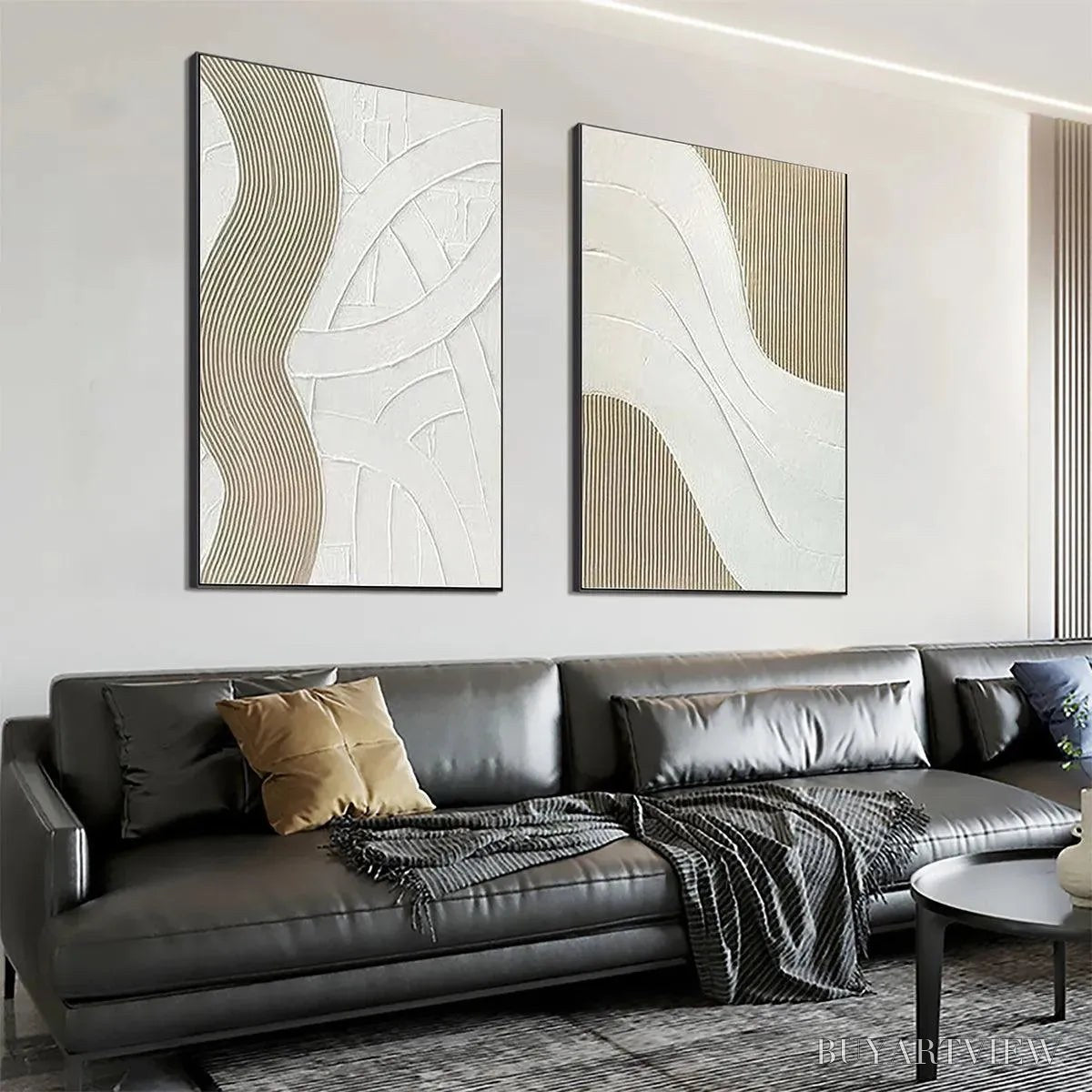 ARTOVITAS Textured White Lines Diptych – Minimalist Textured Painting Set of 2, Square - image 5
