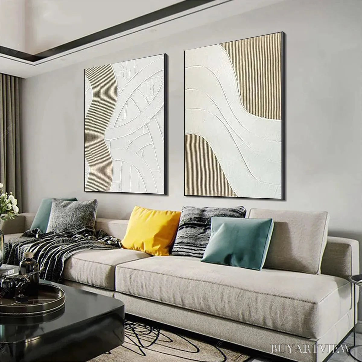 ARTOVITAS Textured White Lines Diptych – Minimalist Textured Painting Set of 2, Square - image 6