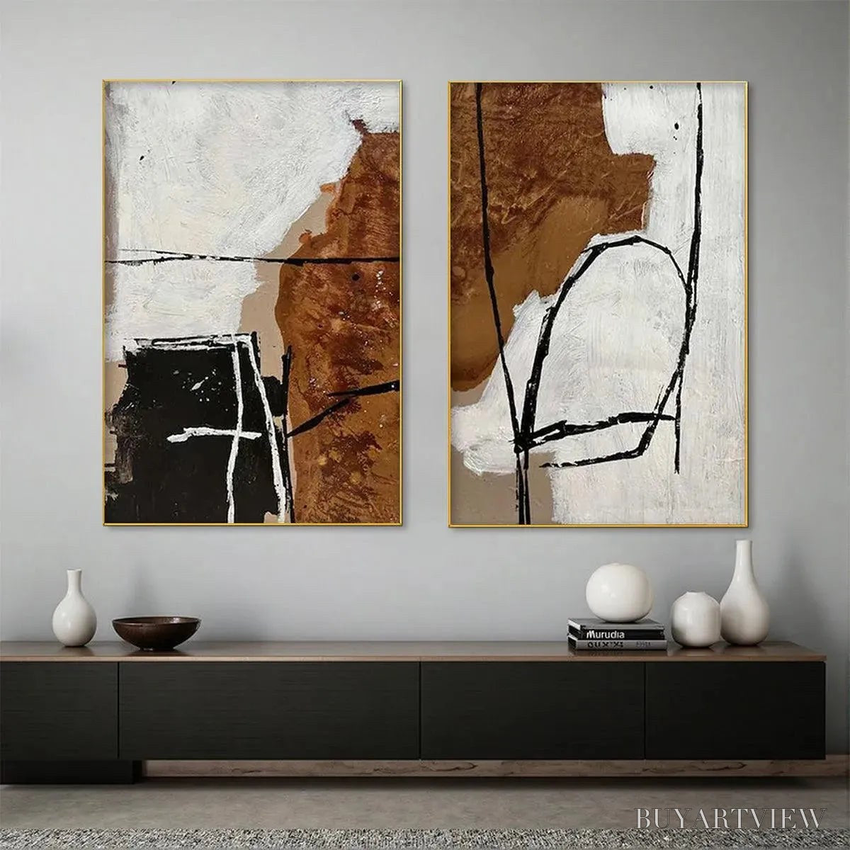 ARTOVITAS Brown & White Abstract Diptych – Abstract Painting Set of 2, Vertical - image 2