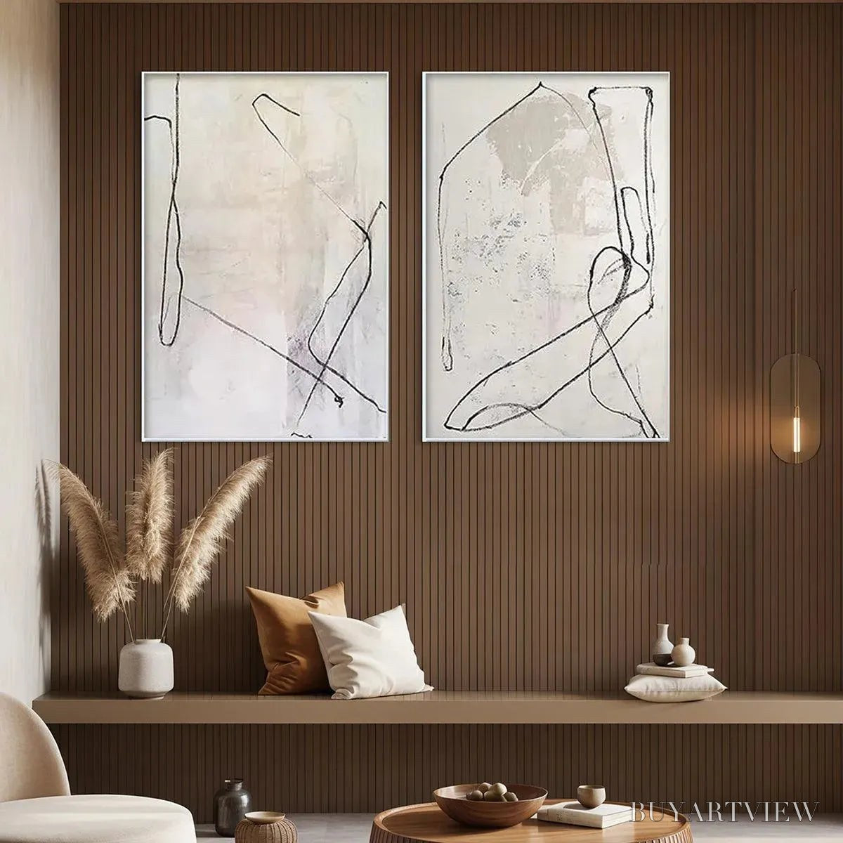 ARTOVITAS Minimalist Abstract Diptych – Beige Abstract Painting Set of 2 - image 4
