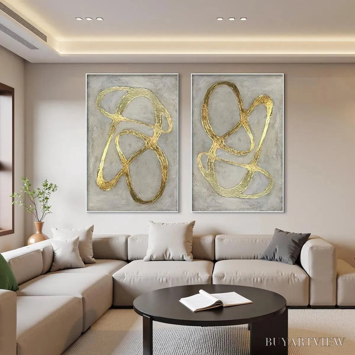 ARTOVITAS Golden Abstract Diptych – Abstract Painting Set of 2, Vertical - image 2
