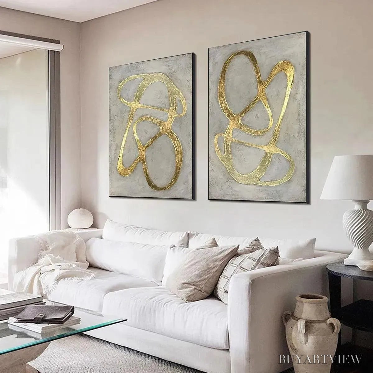 ARTOVITAS Golden Abstract Diptych – Abstract Painting Set of 2, Vertical - image 6