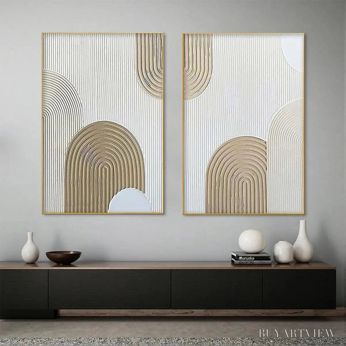 ARTOVITAS Beige Textured Arches Diptych – Textured Abstract Painting Set of 2, Vertical - image 2
