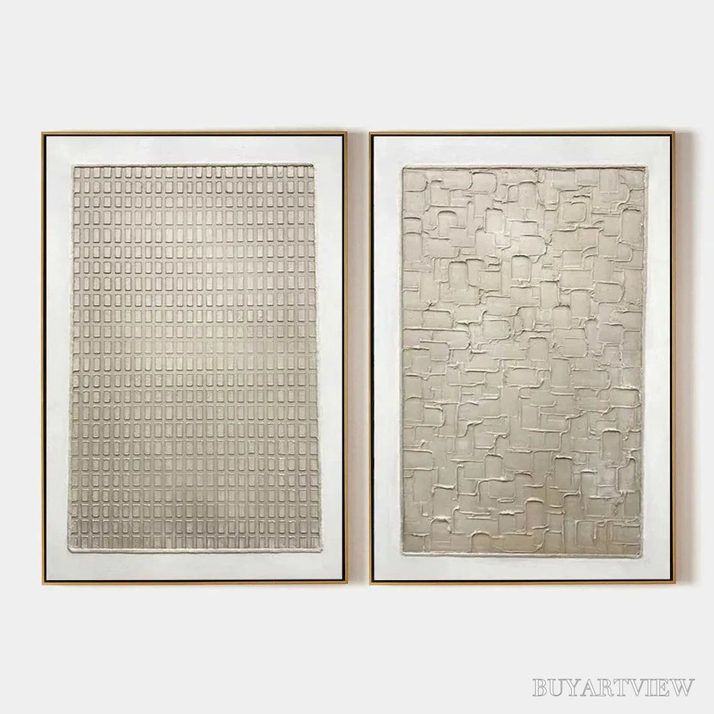 ARTOVITAS Textured Beige Grid Set – Minimalist Textured Painting Set of 2 - image 1