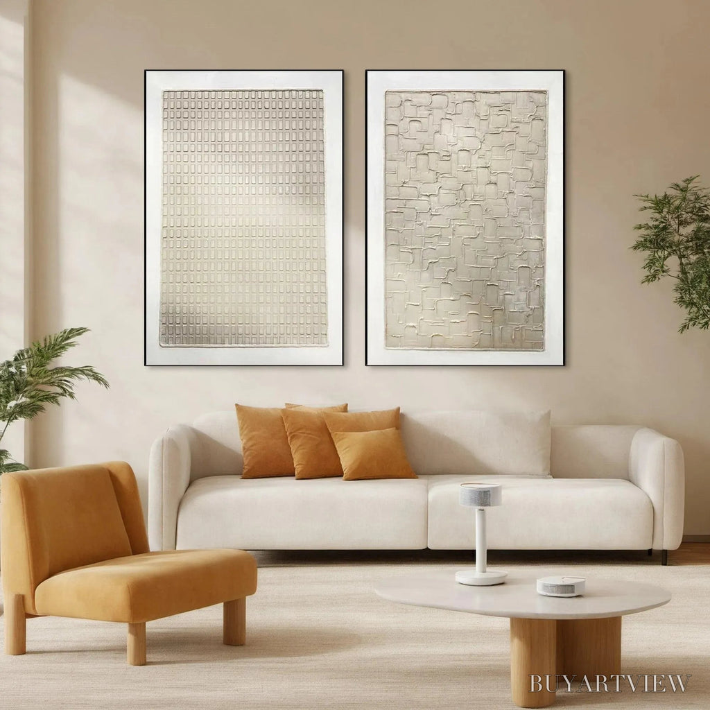ARTOVITAS Textured Beige Grid Set – Minimalist Textured Painting Set of 2 - image 2