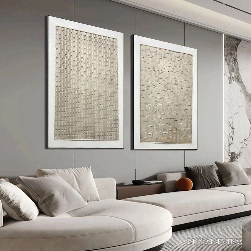 ARTOVITAS Textured Beige Grid Set – Minimalist Textured Painting Set of 2 - image 4
