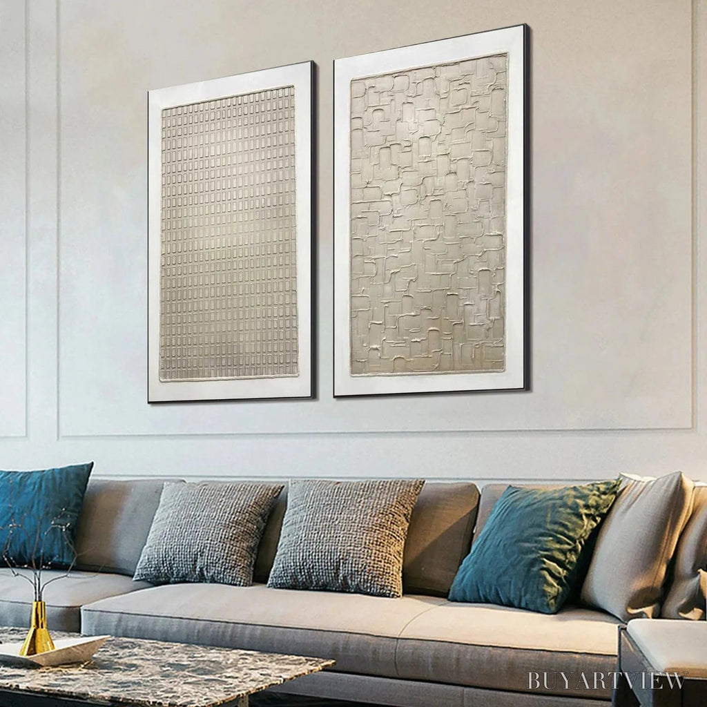 ARTOVITAS Textured Beige Grid Set – Minimalist Textured Painting Set of 2 - image 5