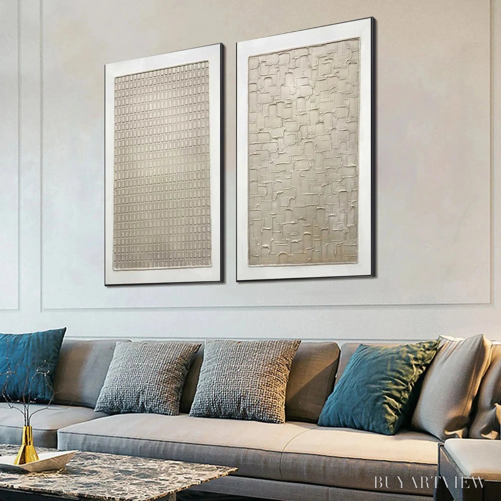 ARTOVITAS Textured Beige Grid Set – Minimalist Textured Painting Set of 2 - image 5