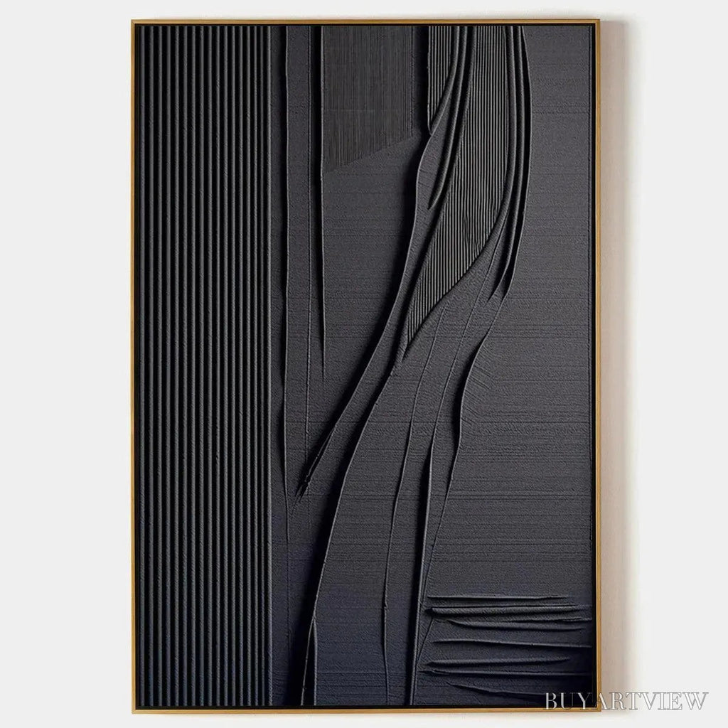 ARTOVITAS Black Textured Lines and Curves – Minimalist Textured Abstract Painting - image 1