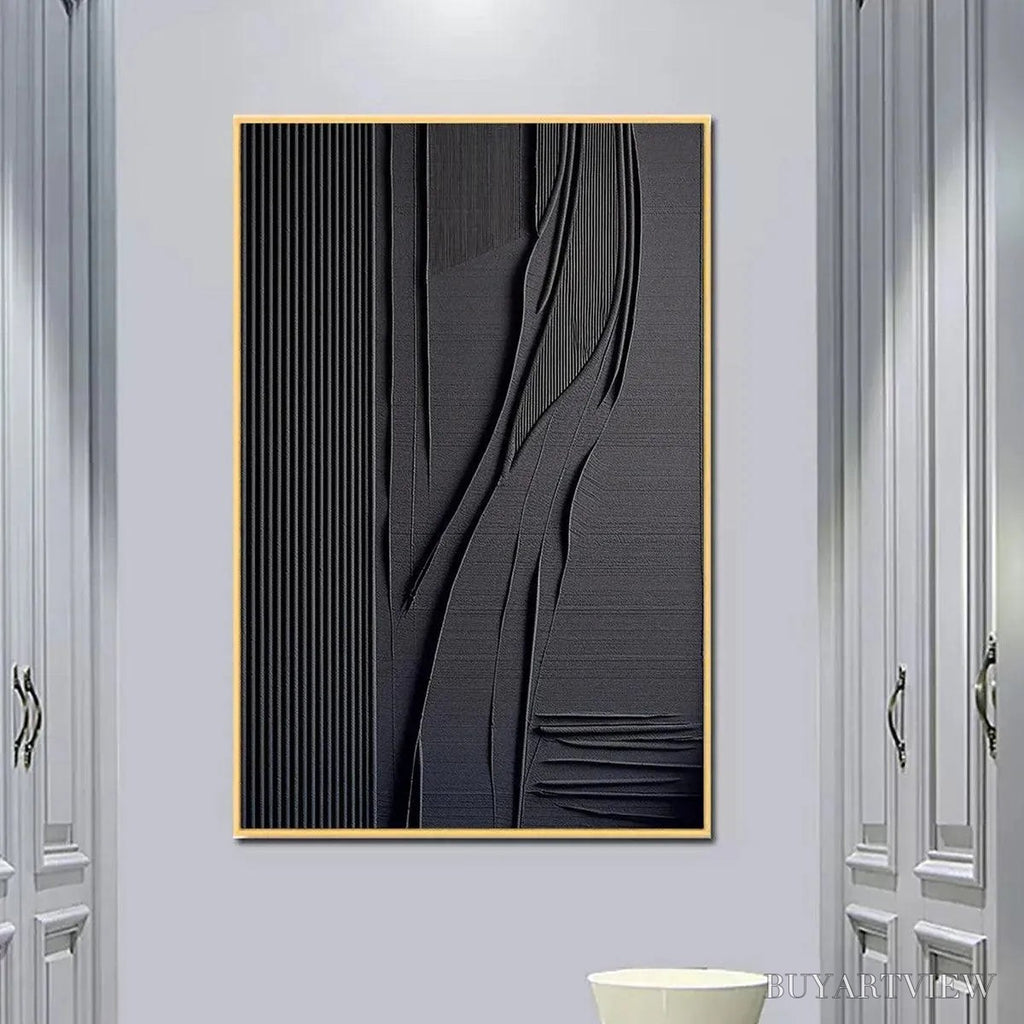 ARTOVITAS Black Textured Lines and Curves – Minimalist Textured Abstract Painting - image 2