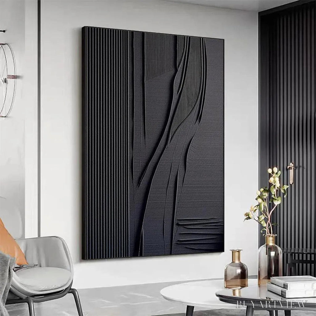 ARTOVITAS Black Textured Lines and Curves – Minimalist Textured Abstract Painting - image 3